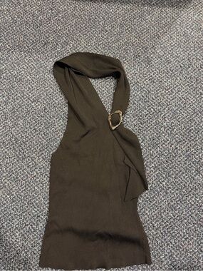 Sleeveless Black Halter Top with Buckle Detail
